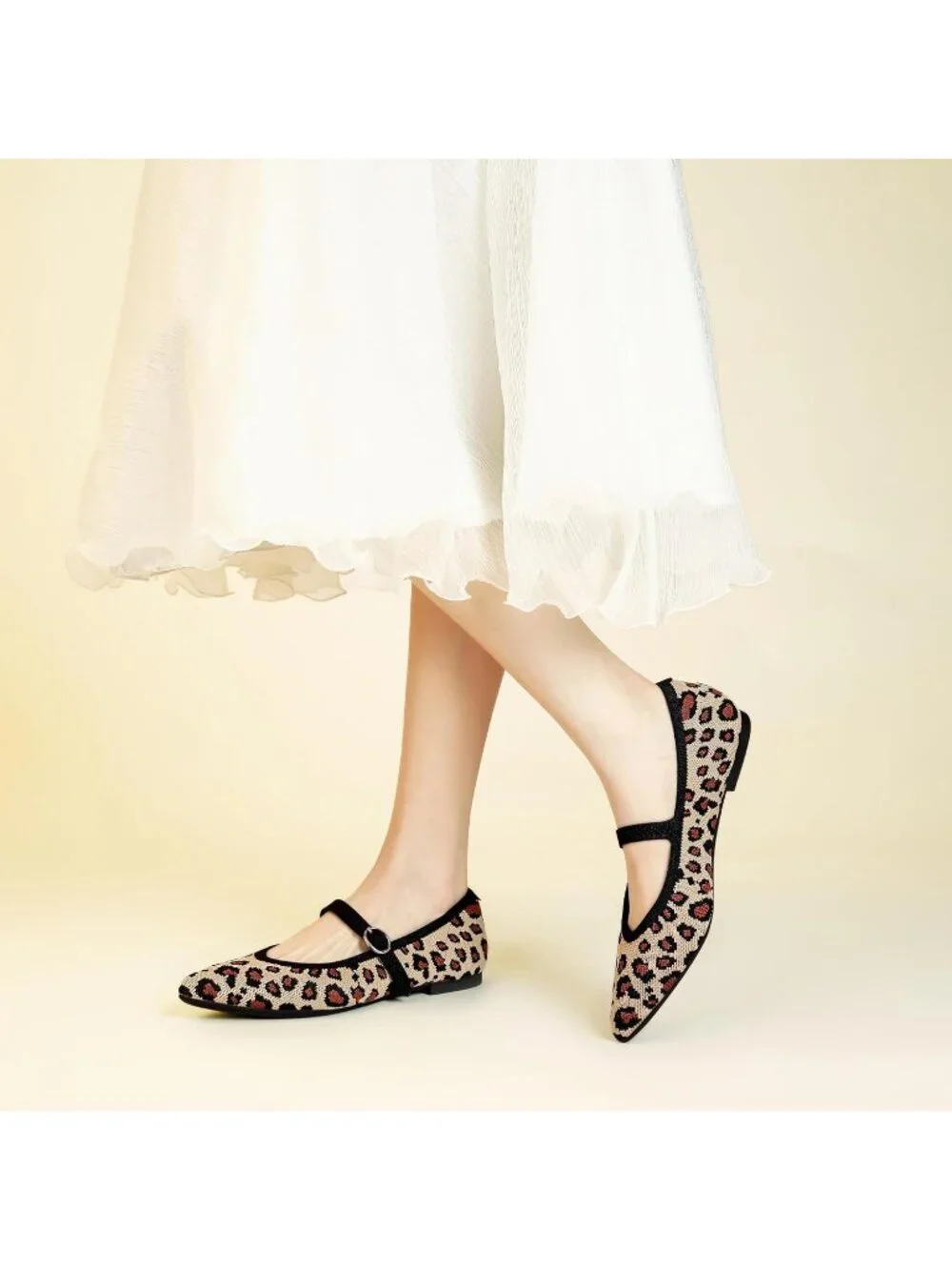 Women's Leopard Knit Flats Pointed Tip Casual Ballet Flat Shoes with Ankle Strap